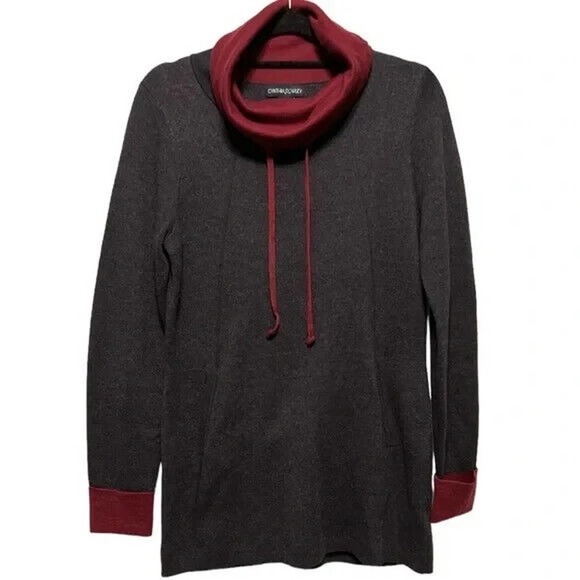 Cynthia Rowley Cowl Neck Tunic Long Sleeve Sweater Gray and Burgundy Size Small - Picture 1 of 4